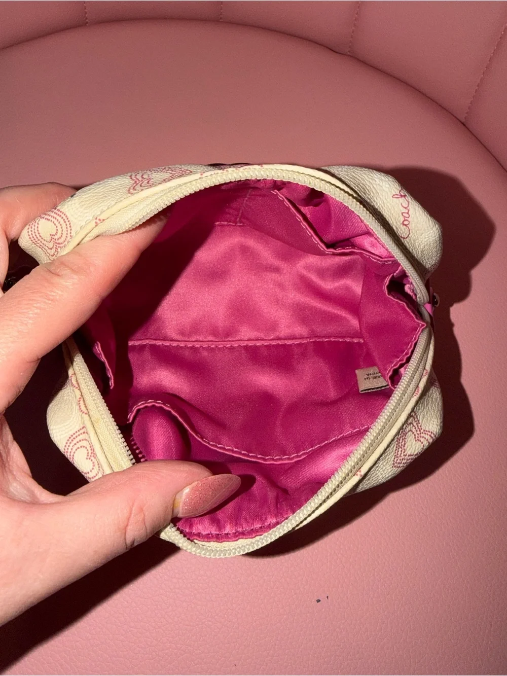Coach White and Pink Waverly Hearts Small Cosmetic Pouch